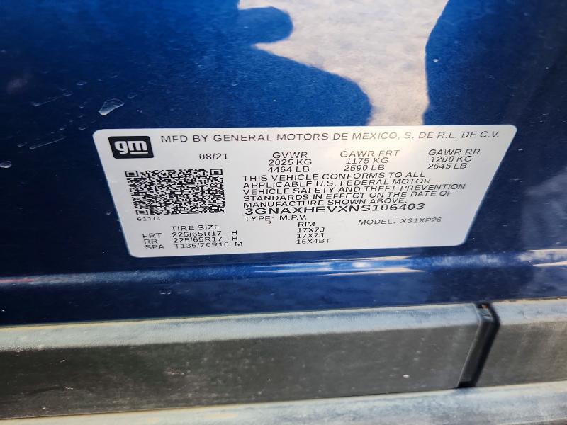 Продаж на аукціоні авто 2022 Chevrolet Equinox, vin: 3GNAXHEVXNS106403, номер лоту: 66359436