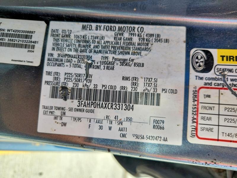 Продажа на аукционе авто 2012 Ford Fusion, vin: 3FAHP0HAXCR331304, номер лота: 66196656