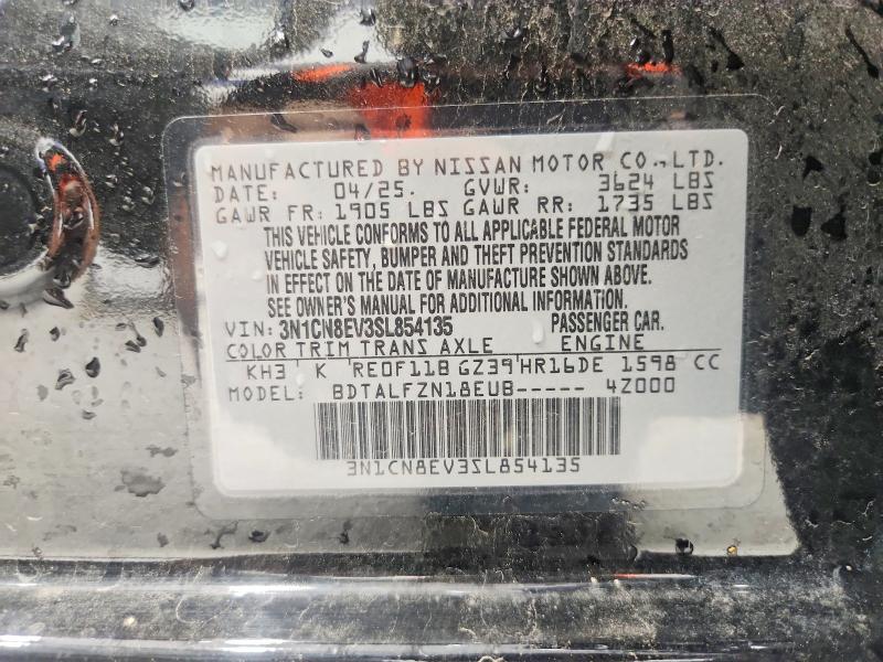 2025 Nissan Versa მანქანა იყიდება აუქციონზე, vin: 3N1CN8EV3SL854135, აუქციონის ნომერი: 67186046