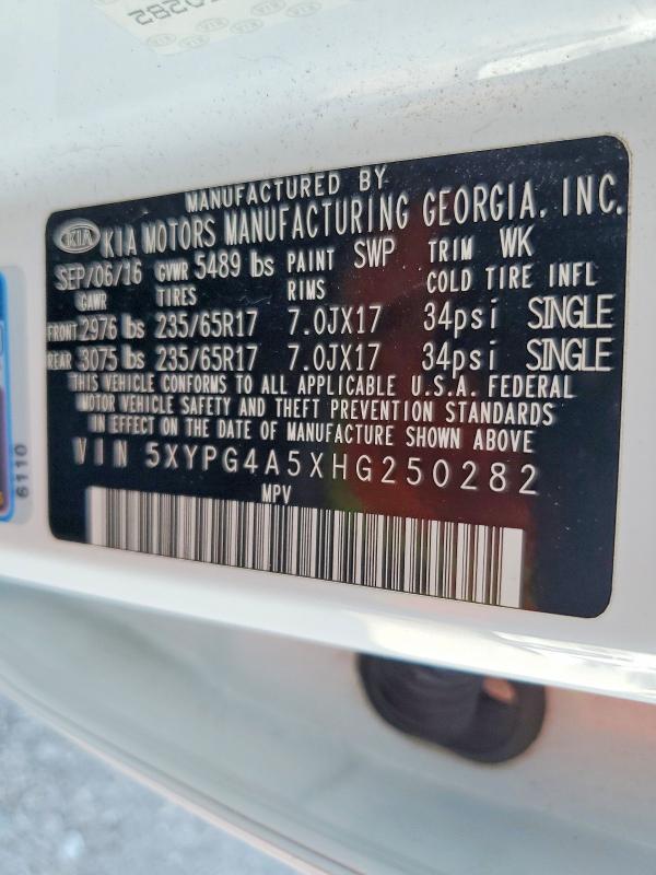 65750226 :رقم المزاد ، 5XYPG4A5XHG250282 vin ، 2017 Kia Sorento مزاد بيع