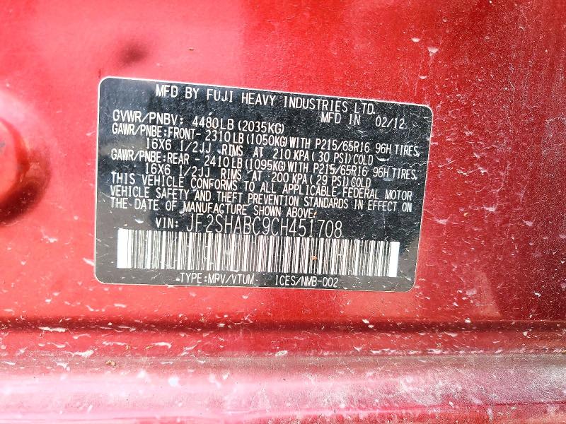 63443586 :رقم المزاد ، JF2SHABC9CH451708 vin ، 2012 Subaru Forester مزاد بيع