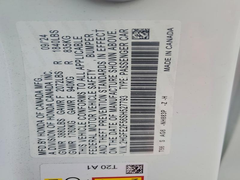 63821106 :رقم المزاد ، 2HGFE2F56SH527793 vin ، 2025 Honda Civic مزاد بيع