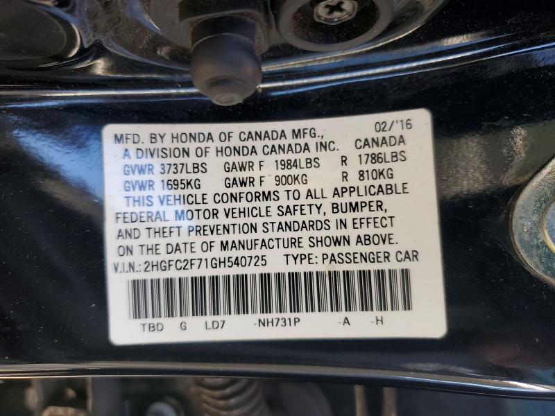 Продаж на аукціоні авто 2016 Honda Civic, vin: 2HGFC2F71GH540725, номер лоту: 61450216