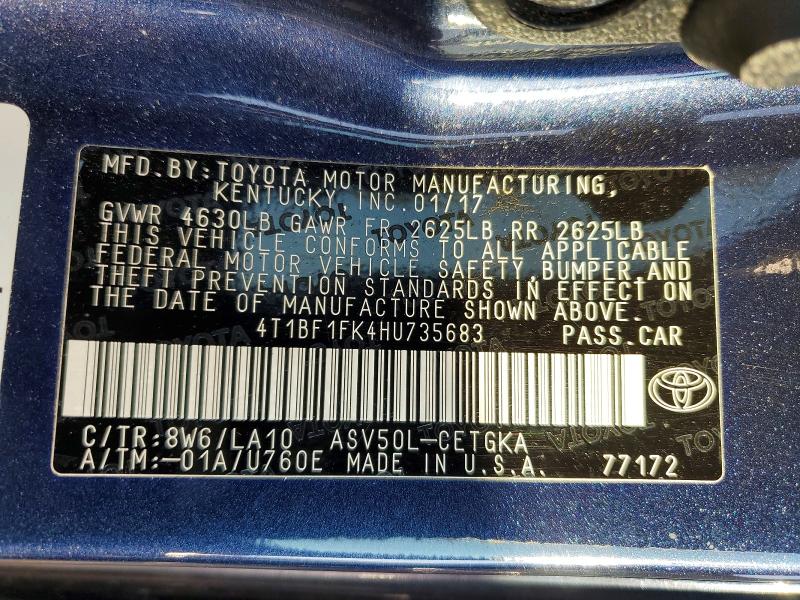 2017 Toyota Camry მანქანა იყიდება აუქციონზე, vin: 4T1BF1FK4HU735683, აუქციონის ნომერი: 66801366