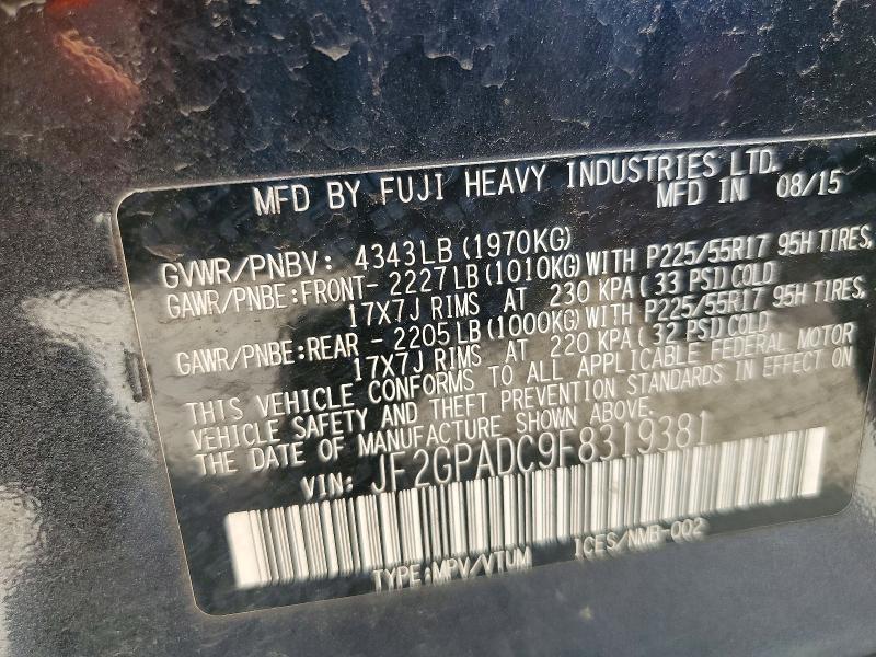 2015 Subaru Xv Crosstrek მანქანა იყიდება აუქციონზე, vin: JF2GPADC9F8319381, აუქციონის ნომერი: 66254286