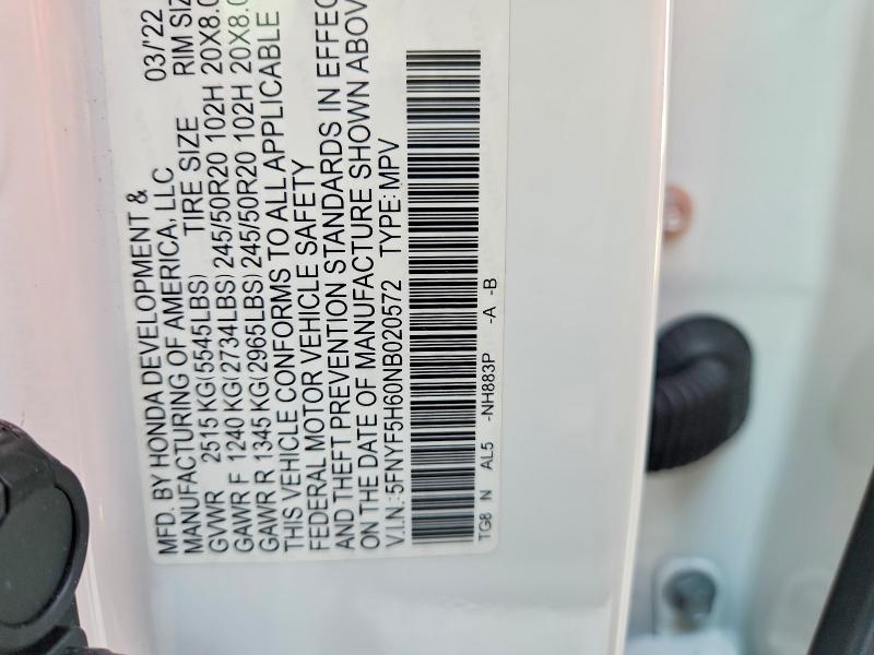 Aukcja sprzedaży 2022 Honda Pilot, vin: 5FNYF5H60NB020572, numer aukcji: 64061106