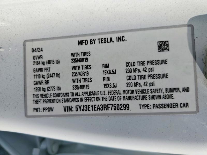 Aukcja sprzedaży 2024 Tesla Model 3, vin: 5YJ3E1EA3RF750299, numer aukcji: 64265626