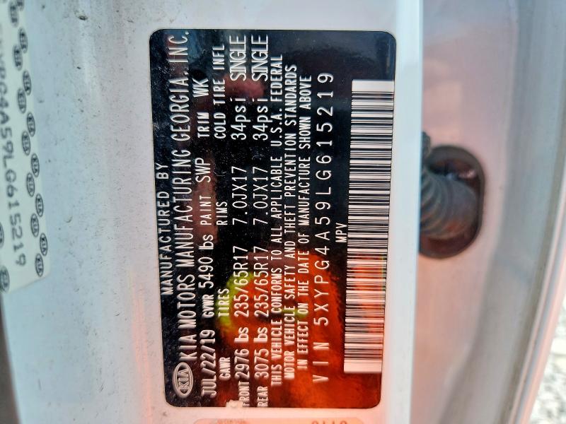 65368306 :رقم المزاد ، 5XYPG4A59LG615219 vin ، 2020 Kia Sorento مزاد بيع