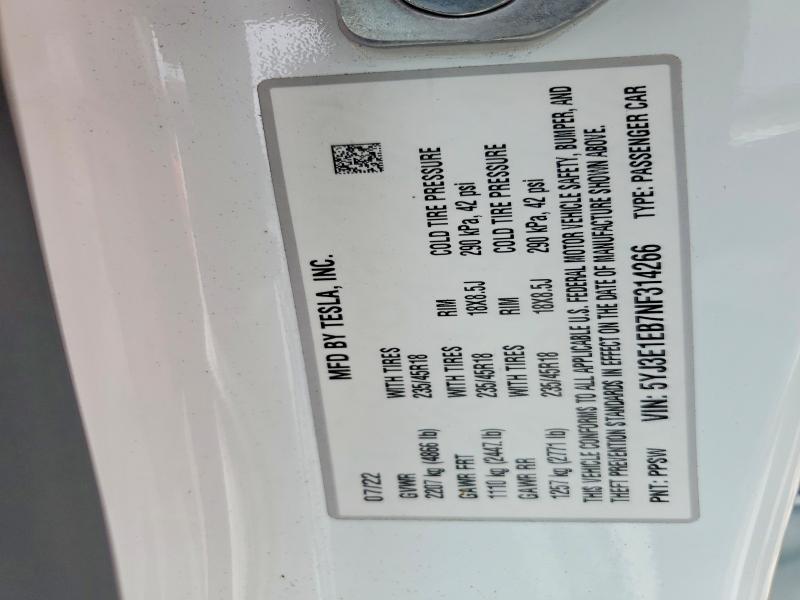 Auction sale of the 2022 Tesla Model 3, vin: 5YJ3E1EB7NF314266, lot number: 66574346