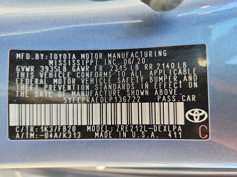 Aukcja sprzedaży 2020 Toyota Corolla, vin: 5YFEPRAE0LP136722, numer aukcji: 66026696
