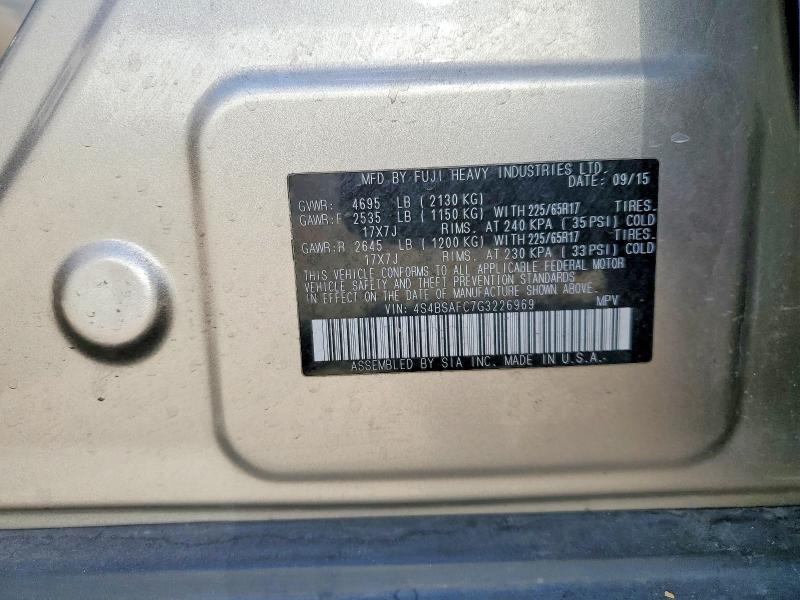 2016 Subaru Outback მანქანა იყიდება აუქციონზე, vin: 4S4BSAFC7G3226969, აუქციონის ნომერი: 66653916