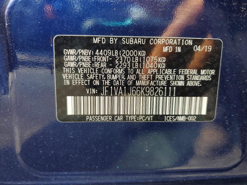 Aukcja sprzedaży 2019 Subaru Wrx, vin: JF1VA1J66K9826111, numer aukcji: 63547316