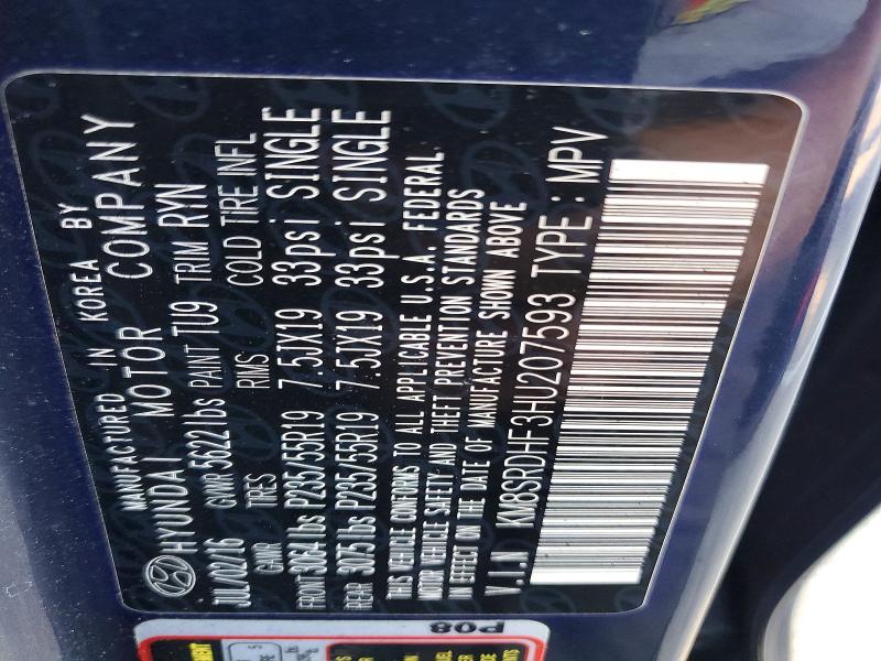 2017 Hyundai Santa Fe მანქანა იყიდება აუქციონზე, vin: KM8SRDHF3HU207593, აუქციონის ნომერი: 63643796