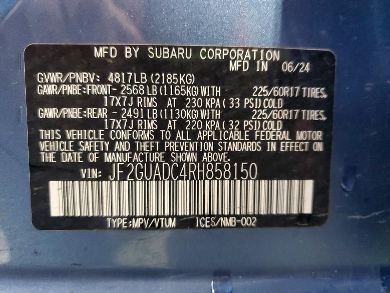 Продажа на аукционе авто 2024 Subaru Crosstrek, vin: JF2GUADC4RH858150, номер лота: 63433296