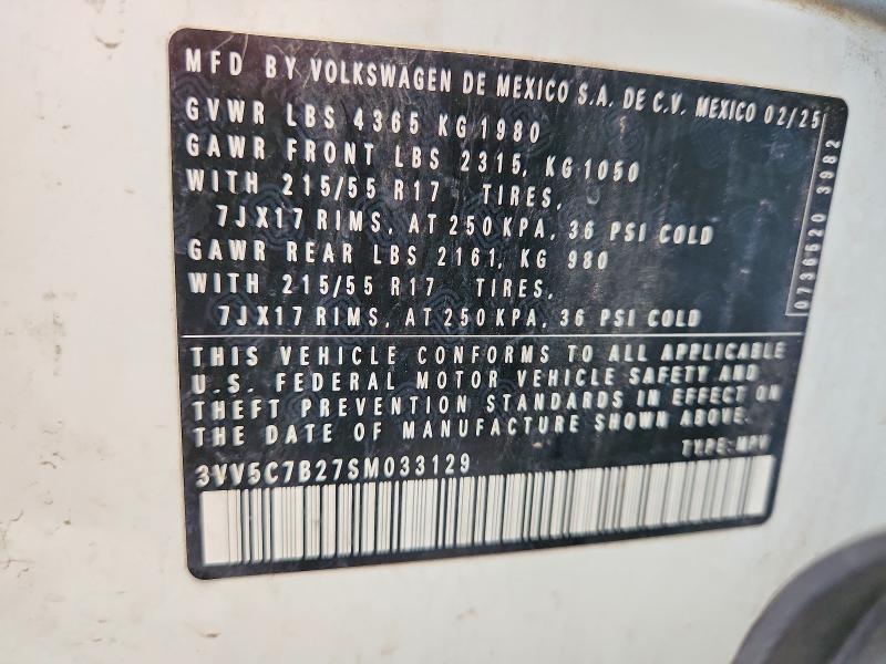2025 Volkswagen Taos მანქანა იყიდება აუქციონზე, vin: 3VV5C7B27SM033129, აუქციონის ნომერი: 64380666