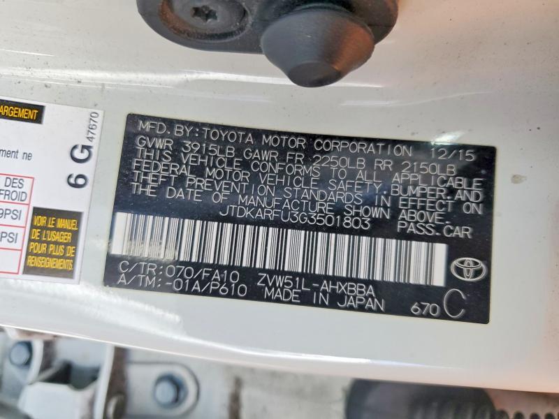 65222646 :رقم المزاد ، JTDKARFU3G3501803 vin ، 2016 Toyota Prius مزاد بيع