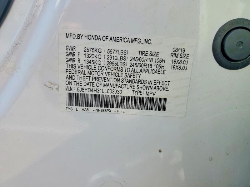 66818656 :رقم المزاد ، 5J8YD4H31LL003930 vin ، 2020 Acura Mdx مزاد بيع