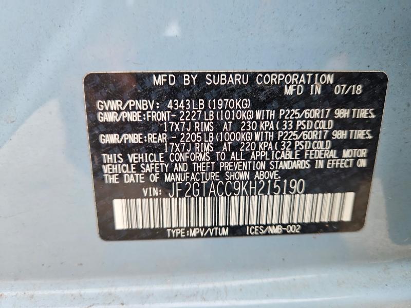 Продажа на аукционе авто 2019 Subaru Crosstrek, vin: JF2GTACC9KH215190, номер лота: 63115926