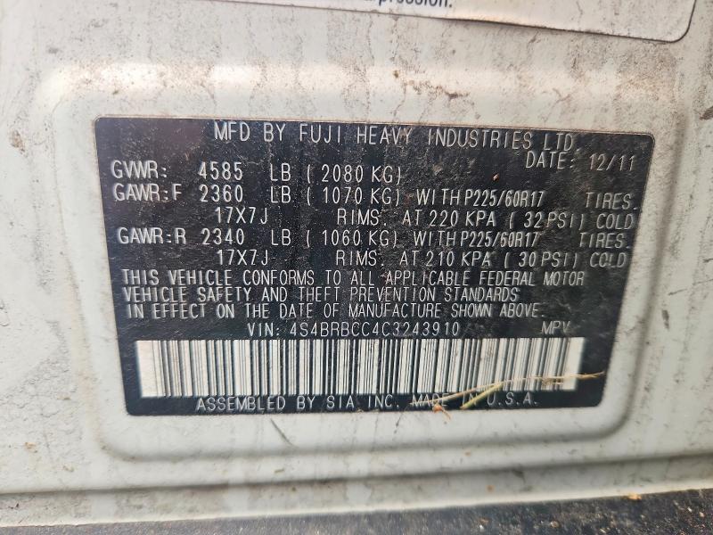 Продажа на аукционе авто 2012 Subaru Outback, vin: 4S4BRBCC4C3243910, номер лота: 64251116
