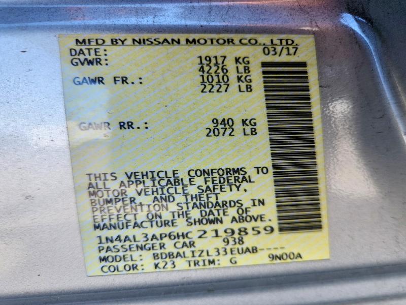 Продажа на аукционе авто 2017 Nissan Altima, vin: 1N4AL3AP6HC219859, номер лота: 64300096