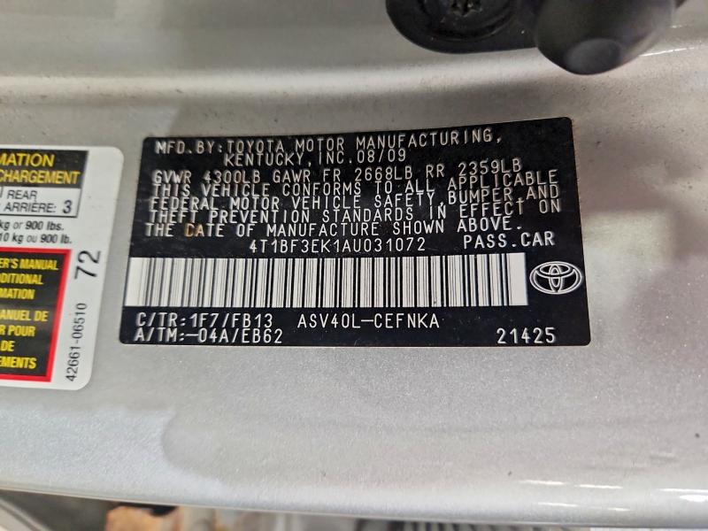 2010 Toyota Camry მანქანა იყიდება აუქციონზე, vin: 4T1BF3EK1AU031072, აუქციონის ნომერი: 64254576