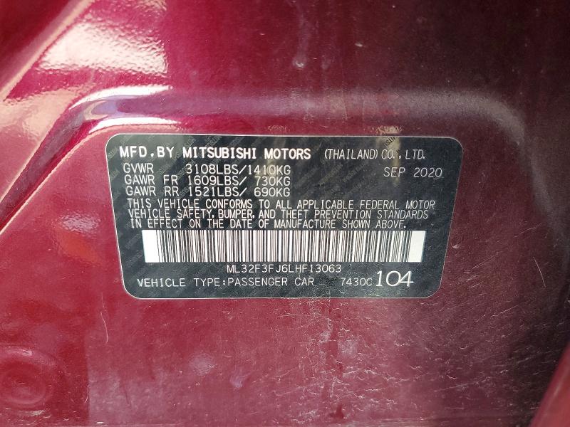 65530996 :رقم المزاد ، ML32F3FJ6LHF13063 vin ، 2020 Mitsubishi Mirage مزاد بيع