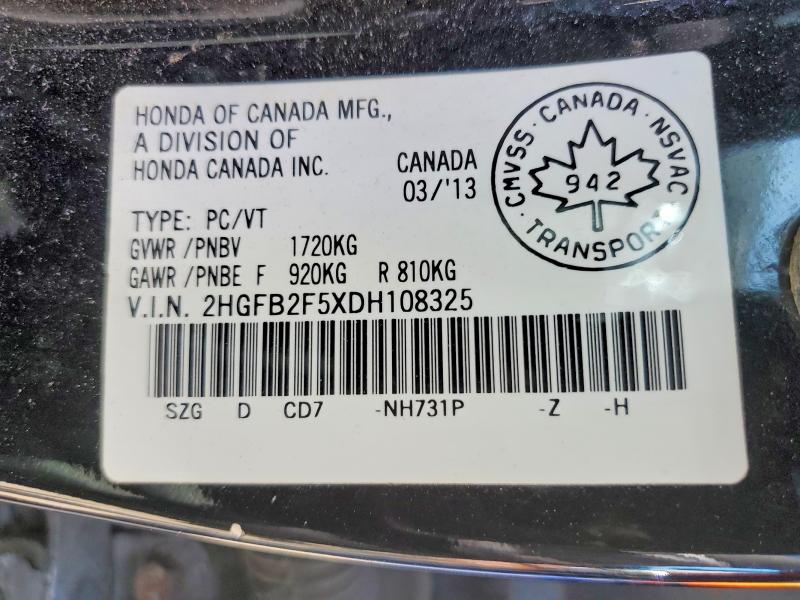 2013 Honda Civic მანქანა იყიდება აუქციონზე, vin: 2HGFB2F5XDH108325, აუქციონის ნომერი: 65577496