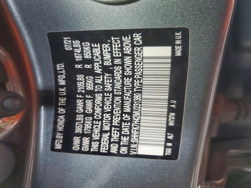 Продажа на аукционе авто 2021 Honda Civic, vin: SHHFK7H42MU231380, номер лота: 64019906