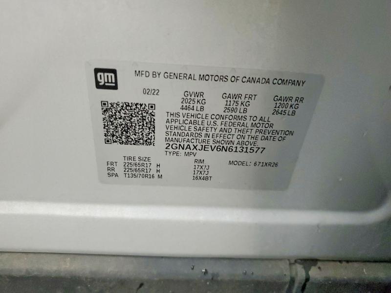 2022 Chevrolet Equinox მანქანა იყიდება აუქციონზე, vin: 2GNAXJEV6N6131577, აუქციონის ნომერი: 61856446
