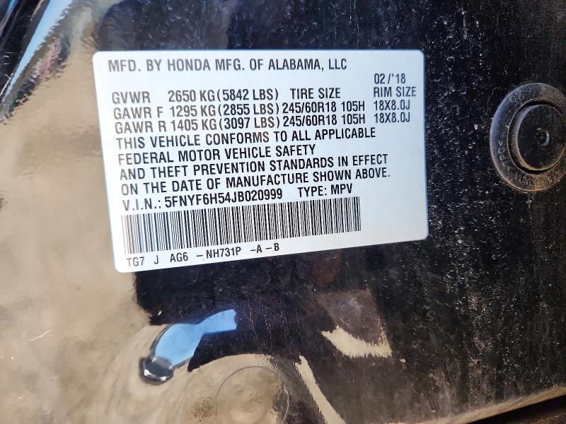 65866666 :رقم المزاد ، 5FNYF6H54JB020999 vin ، 2018 Honda Pilot مزاد بيع