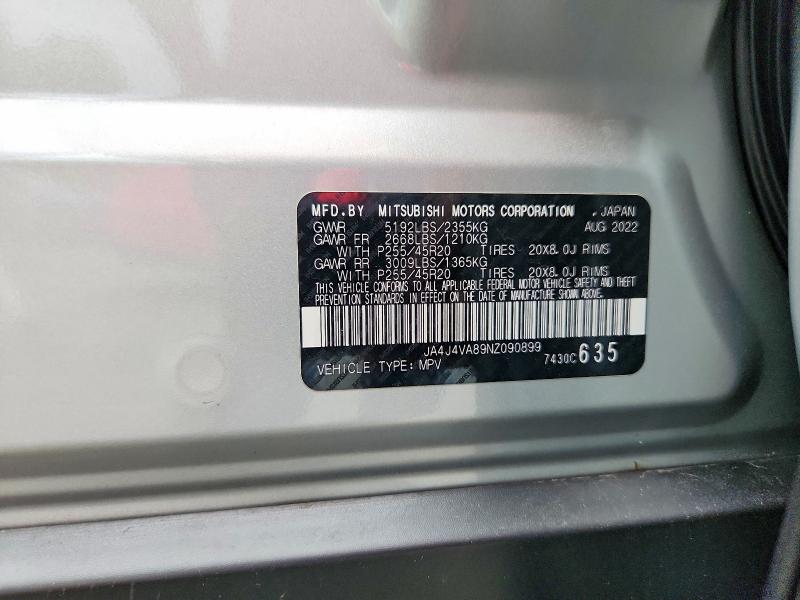 2022 Mitsubishi Outlander მანქანა იყიდება აუქციონზე, vin: JA4J4VA89NZ090899, აუქციონის ნომერი: 63342006