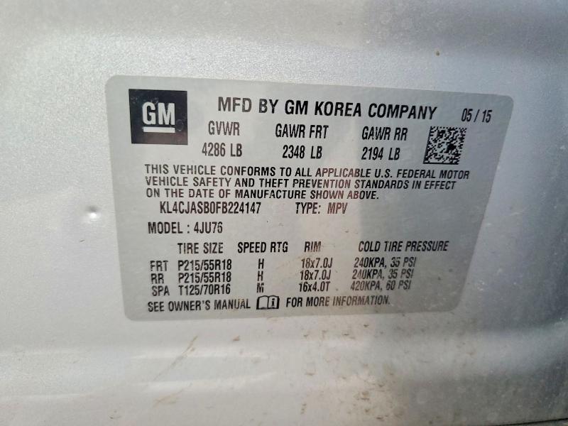 2015 Buick Encore მანქანა იყიდება აუქციონზე, vin: KL4CJASB0FB224147, აუქციონის ნომერი: 63727456