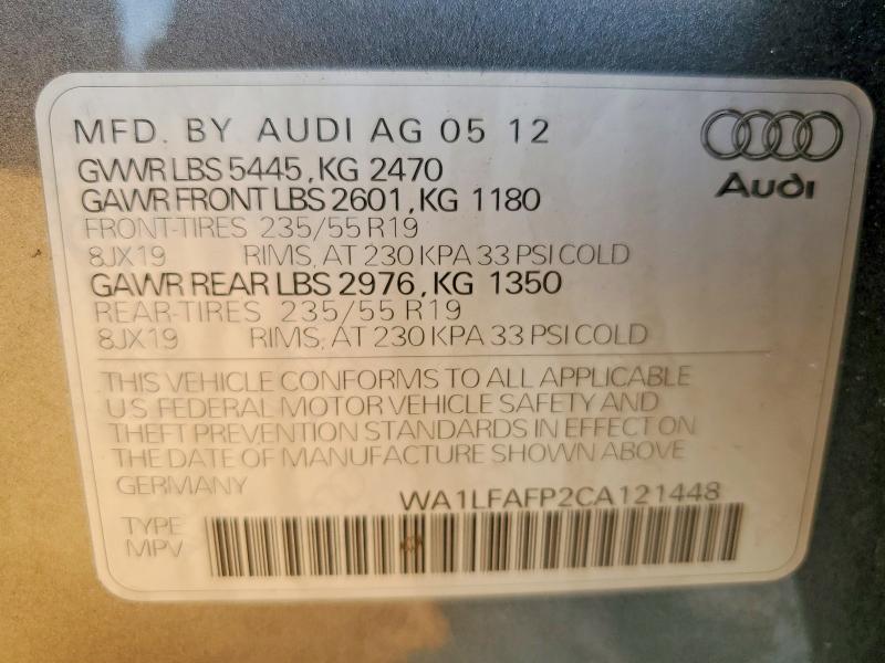 2012 Audi Q5 მანქანა იყიდება აუქციონზე, vin: WA1LFAFP2CA121448, აუქციონის ნომერი: 64011166