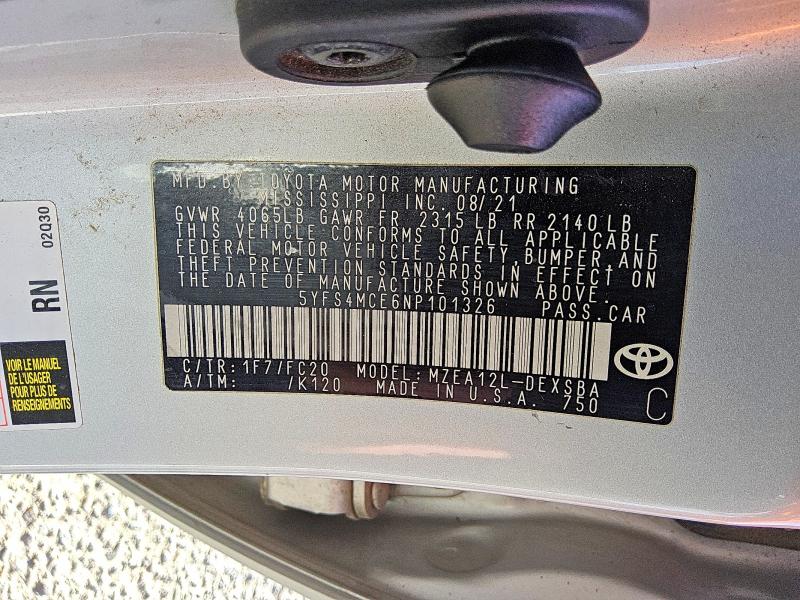 Aukcja sprzedaży 2022 Toyota Corolla, vin: 5YFS4MCE6NP101326, numer aukcji: 66035616