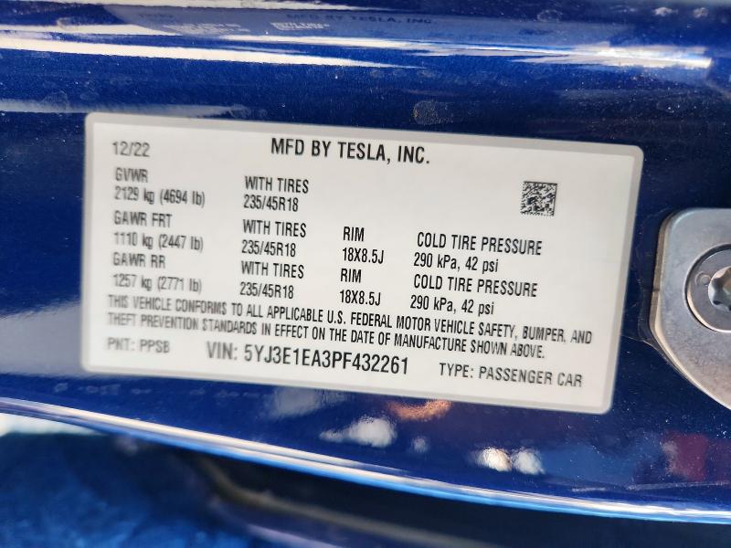 Auction sale of the 2023 Tesla Model 3, vin: 5YJ3E1EA3PF432261, lot number: 65903436