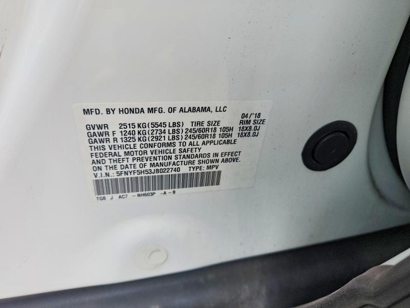 2018 Honda Pilot მანქანა იყიდება აუქციონზე, vin: 5FNYF5H53JB022740, აუქციონის ნომერი: 65372676