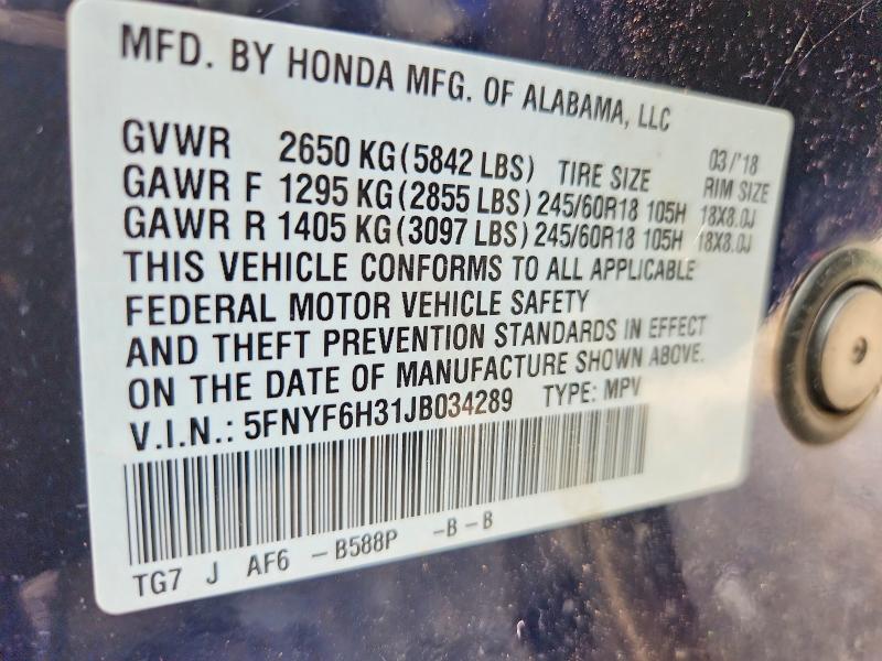 66988056 :رقم المزاد ، 5FNYF6H31JB034289 vin ، 2018 Honda Pilot مزاد بيع