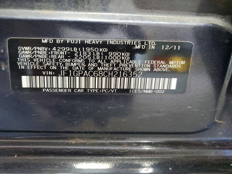 63721776 :رقم المزاد ، JF1GPAC68CH216352 vin ، 2012 Subaru Impreza مزاد بيع