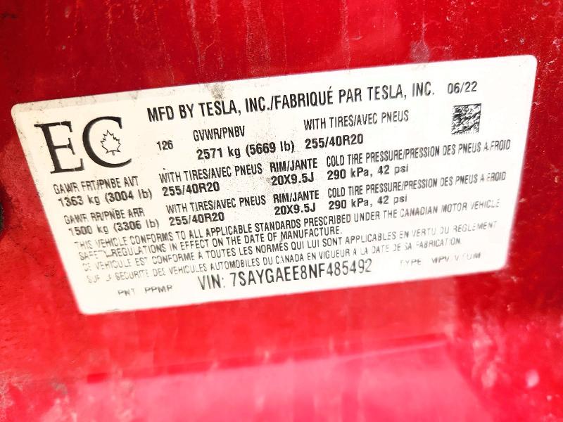 2022 Tesla Model Y მანქანა იყიდება აუქციონზე, vin: 7SAYGAEE8NF485492, აუქციონის ნომერი: 63718606