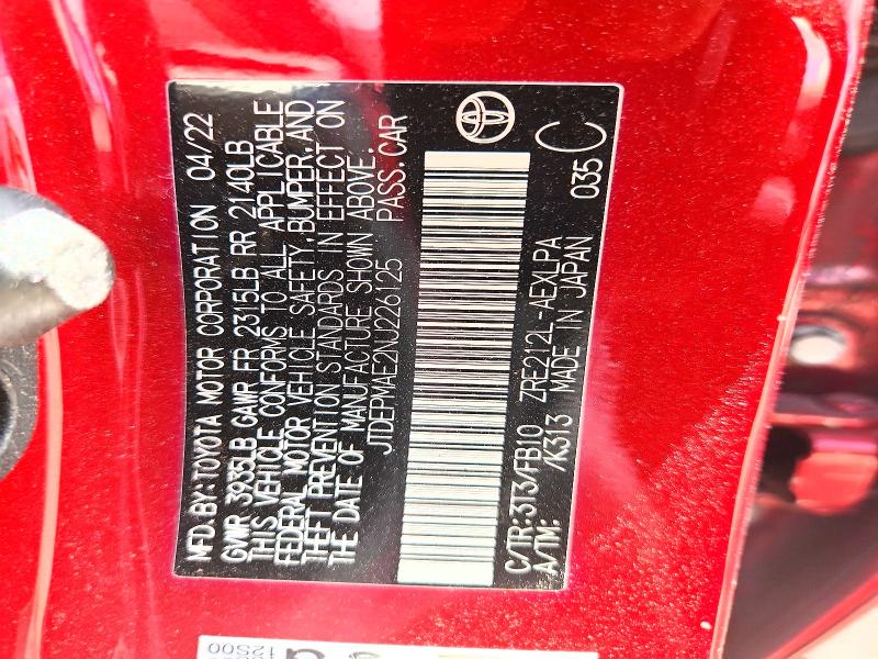65279706 :رقم المزاد ، JTDEPMAE2NJ226125 vin ، 2022 Toyota Corolla مزاد بيع