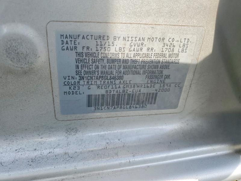 Продажа на аукционе авто 2016 Nissan Versa, vin: 3N1CN7AP8GL846380, номер лота: 63833516