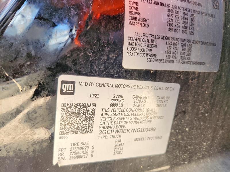 Aukcja sprzedaży 2022 Chevrolet Silverado Ltd, vin: 3GCPWBEK7NG103499, numer aukcji: 67060286