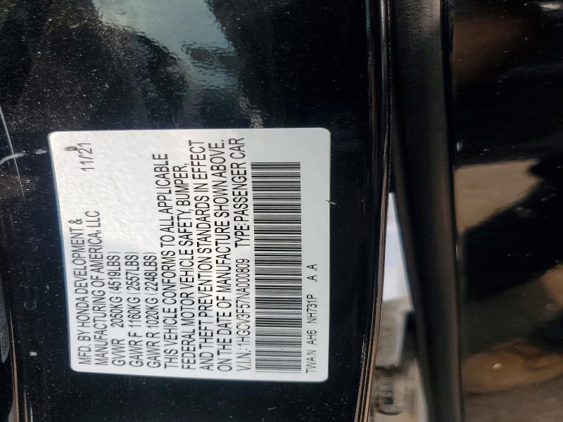 2022 Honda Accord მანქანა იყიდება აუქციონზე, vin: 1HGCV3F57NA000809, აუქციონის ნომერი: 64640256