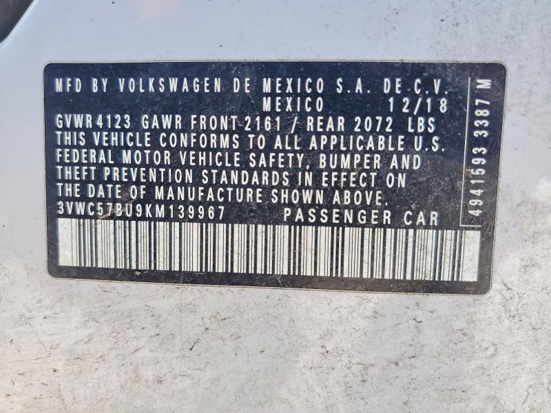 2019 Volkswagen Jetta მანქანა იყიდება აუქციონზე, vin: 3VWC57BU9KM139967, აუქციონის ნომერი: 63036946