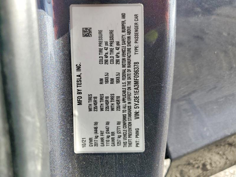66966906 :رقم المزاد ، 5YJ3E1EA3MF096378 vin ، 2021 Tesla Model 3 مزاد بيع