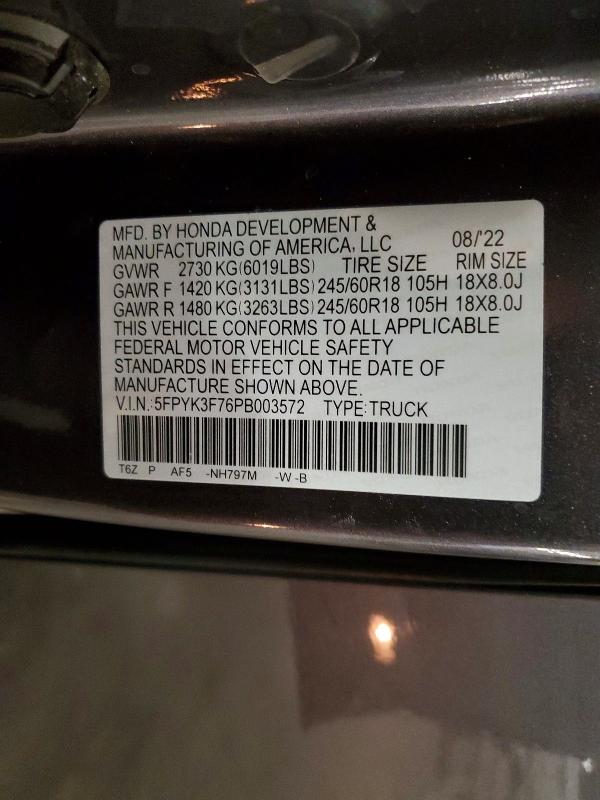 66192716 :رقم المزاد ، 5FPYK3F76PB003572 vin ، 2023 Honda Ridgeline مزاد بيع