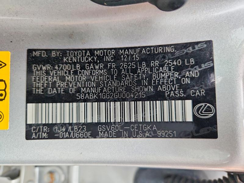 Продаж на аукціоні авто 2016 Lexus Es, vin: 58ABK1GG2GU004215, номер лоту: 66373586