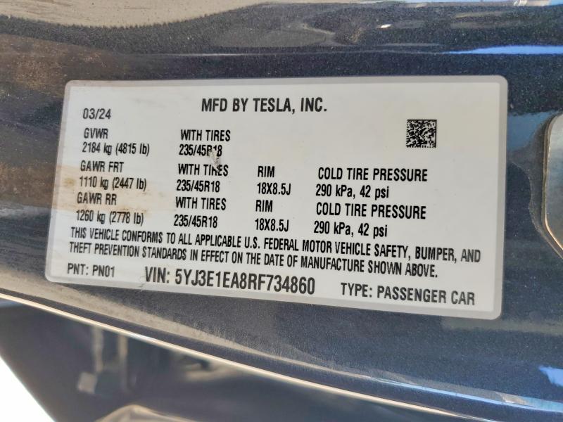 2024 Tesla Model 3 მანქანა იყიდება აუქციონზე, vin: 5YJ3E1EA8RF734860, აუქციონის ნომერი: 64103516