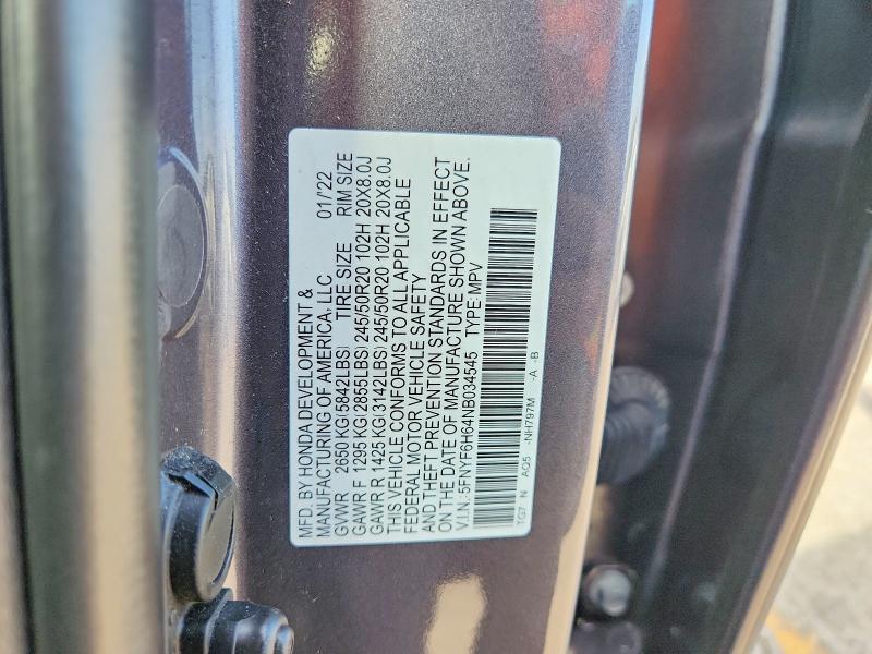 2022 Honda Pilot მანქანა იყიდება აუქციონზე, vin: 5FNYF6H64NB034545, აუქციონის ნომერი: 65567486