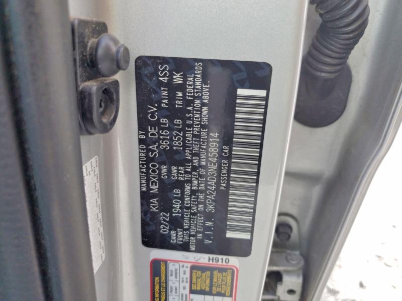 2022 Kia Rio მანქანა იყიდება აუქციონზე, vin: 3KPA24AD3NE458914, აუქციონის ნომერი: 66365786